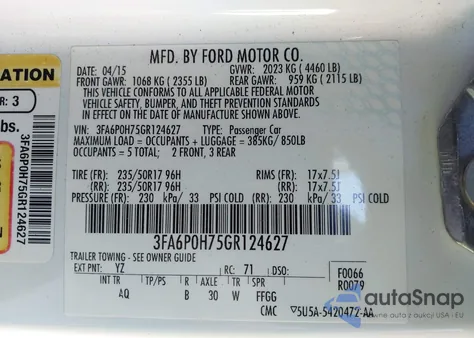 2016 Ford Fusion Se z USA, uszkodzony, nr VIN 3FA6P0H75GR124627
